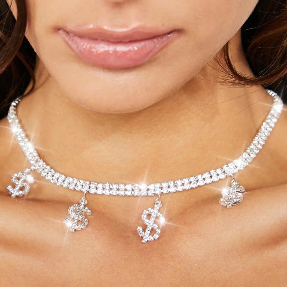 Dolls Kill “Money” Rhinestone Bling Choker Necklace 💎